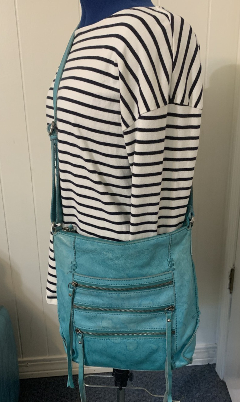 Lucky Brand Turquoise Crossbody Triple Zipper pockets Whipstitch Western Boho